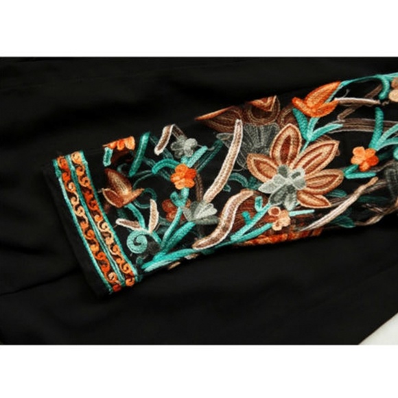 Boho Black Sheer Embroidered Fringe Kimono Duster - Picture 7 of 8